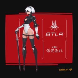 1girls android blindfold breasts clothing female female_only light-skinned_female light_skin nier nier:_automata no_feet robot robot_girl short_hair signature solo tailbox text white_hair yorha_2b