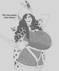 1female 1girls armor armored armored_female artist_name artist_signature blush braid braided_hair braided_twintails breasts chainmail country_inc_(yuric_inc) female female_focus female_only hat hungarian hungarian_text hungary_(yuric_inc) large_breasts looking_at_viewer medieval medieval_clothing translation_request watermark weapon yuric_inc
