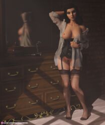 1girls 3d bioshock bioshock_infinite black_hair black_lingerie black_pubic_hair black_stockings blue_eyes bottomless breasts cigarette cleavage corset depth_of_field elizabeth_comstock feet female female_only firearm garter_straps gun handgun human indoors large_breasts lingerie long_hair medium_hair mirror pale_skin pinup pubic_hair pussy reflection revolver see-through see-through_clothing slushe_(website) smoking solo solo_female stockings theresidentweasel thighhighs toes topless vulva weapon