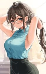 1girls absurdres ahoge armpits arms_up bare_arms bare_shoulders blue_eyes blue_shirt blurry blush breasts brown_hair collared_shirt commentary_request cowboy_shot depth_of_field glasses hair_between_eyes highres large_breasts long_hair looking_at_viewer looking_over_eyewear looking_to_the_side open_mouth original shirt sidelocks sideways_glance solo sweat tying_hair very_long_hair wing_collar yufou