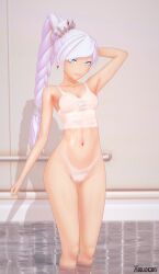 1girls arrancon blue_eyes half-dressed half_naked_female ponytail rwby scar_across_eye see-through see-through_clothing weiss_schnee white_hair white_hair_female