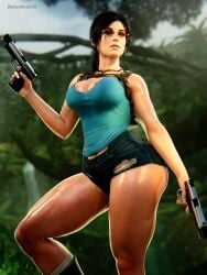 1girls 3d ass_visible_from_the_front big_ass big_breasts big_thighs blender cleavage clothed curvy curvy_figure female female_only gun hips jean_shorts jungle lara_croft lara_croft_(survivor) nipple_slip plaphouse3d shorts slim_waist solo_female sunglasses thick thick_ass thick_thighs thighs tinted_eyewear tomb_raider tomb_raider_(survivor) voluptuous