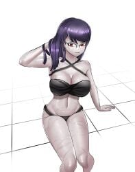 1girls bikini black_bikini female glasses hiruko_shizuhara large_breasts purple_hair red_eyes sdrklx sitting the_hundred_line_-last_defense_academy- wet
