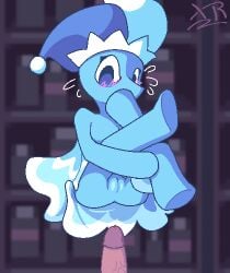 2025 anthro blue_body blush bottomwear clothed clothing clothing_lift deltarune digital_media_(artwork) elemental_creature female fool's_hat genitals hat headgear headwear hi_res human humanoid_genitalia humanoid_penis humanoid_vulva imxr24 legs_up male male/female mammal mizzle_(deltarune) penis pixel_(artwork) shaded shy signature skirt skirt_lift solo undertale_(series) vulva water water_creature