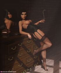 1girls 3d bioshock bioshock_infinite black_hair black_pubic_hair blue_eyes bottomless breasts cigarette corset depth_of_field elizabeth_comstock feet female female_only garter_straps indoors large_breasts medium_hair mirror pinup pubic_hair reflection slushe_(website) smoking solo solo_female theresidentweasel thighhighs toes topless