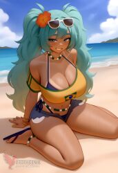 1girls 2d ai_generated aqua_hair ass barefoot big_ass big_breasts bikini bracelet brazilian_miku breasts dark-skinned_female earrings erophoenix eyewear_on_head feet female full_body grin hair_flower hair_ornament hatsune_miku huge_breasts jewelry kneeling long_hair looking_at_viewer looking_back nail_polish patreon_username shorts smile soles solo solo_female sunglasses swimsuit tan tellow_shirt thick thick_thighs toes uncensored vocaloid