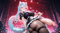 ai_art ai_generated animal_ears blue_hair cat_ears cat_girl cat_tail catgirl cosplay dickgirl ellen_joe futanari intersex koneko konekofuta large_breasts large_penis pantyhose pink_hair red_lighting stage two_tone_hair two_tone_hair_(blueandpink) upskirt