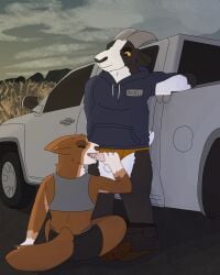 4:5 absurd_res anthro balls black_body black_fur bottomwear bovid bra briefs brown_body brown_fur canid canine canis caprine clothing countershading detailed_background domestic_dog duo erection fellatio fur genitals goat hi_res hoodie male male/male mammal mechanic name_tag oral oral_penetration orange_briefs orange_clothing orange_underwear outside outside_sex penetration penile penis penis_poking_out russell_(wannabeyourdog2) sex shorts sitting sky sports_bra story story_in_description taylor_(wannabeyourdog2) topwear trans_(lore) trans_woman_(lore) truck underwear vehicle waistband wannabeyourdog2