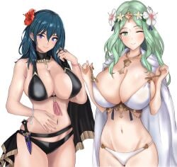 2girls bare_shoulders belt bikini black_belt black_bikini black_choker blue_eyes blue_hair breasts byleth_(fire_emblem) byleth_(fire_emblem)_(female) cape choker cleavage commentary_request covered_erect_nipples cowboy_shot dagger fire_emblem fire_emblem:_three_houses fire_emblem_heroes flower green_eyes green_hair hair_flower hair_ornament hand_up highres knife large_breasts long_hair looking_at_viewer mali-sa multiple_girls navel nintendo official_alternate_costume red_flower rhea_(fire_emblem) rhea_(summer)_(fire_emblem) sideboob simple_background smile standing stomach swimsuit weapon white_background white_bikini white_cape white_flower
