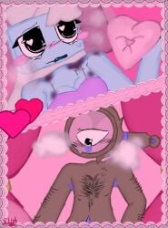 dandy's_world in_bed lace lingerie pink_background rodger_(dandy's_world) tisha_(dandy's_world)