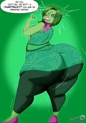 2025 annoyed ass big_ass big_butt bottomwear breasts clothed clothing dialogue digital_media_(artwork) disgust_(inside_out) disney emotion_(inside_out) fat_ass female green_background green_body green_hair hair happy hi_res huge_ass huge_butt humanoid hyper hyper_butt inside_out looking_at_viewer looking_back masterj291 pixar simple_background solo speech_bubble thick_thighs