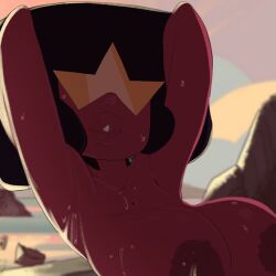 1girls alien armpits big_breasts black_hair breasts cartoon_network female garnet_(steven_universe) glasses hairless_armpits hands_behind_head huge_breasts juicy_lips lips looking_at_viewer nipples pokachu_(artist) shades steven_universe wet wet_body wet_breasts