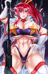 1girls brown_eyes choker female female_only gainax gloves gun hand_on_hip highleg huge_breasts jet_puri licking_lips long_hair looking_at_viewer navel ponytail red_hair space_yoko tagme tengen_toppa_gurren_lagann thighhighs thong tongue tubetop yoko_littner