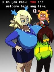 antlers arkman ass big_breasts breasts canonical_scene carol_holiday clothed clothing deer deltarune deltarune_chapter_4 english_text inviting kris_(deltarune) large_breasts noelle_holiday non-human reindeer scene_reference shocked smug surprised tail text thick_thighs thunder_thighs