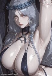 ai_generated alternate_version_at_source arm_up armpit armpit_fetish big_breasts breasts doll doll_joints elden_ring elden_ring_nightreign fantasy female flower_crown hips hypet long_hair revenant_(nightreign) shiny shiny_skin sling_bikini tagme thick thick_ass thick_legs thick_thighs thighs tired wet wet_body wet_clothes white_hair wide_hips