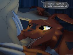 2022 4:3 ambiguous_gender backlash91 bandai_namco bedroom bodily_fluids bookshelf cum dialogue digimon digimon_(species) digiphilia digital_media_(artwork) duo english_text erection face_fucking fellatio feral furniture genital_fluids genitals guilmon human human_on_feral interspecies irrumatio long_tongue male male/ambiguous male_on_feral mammal nude oral oral_penetration penetration penile penis penis_in_mouth penis_on_tongue sex teeth text tongue tongue_out tongue_out_fellatio tonguejob vein veiny_penis zoophilia