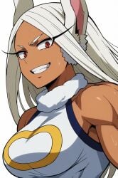 ai_generated animal_ears bare_shoulders boku_no_hero_academia breasts dark_skin female grin long_hair mirko my_hero_academia red_eyes smile solo sweat upper_body