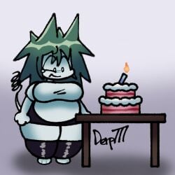alternate_version_available birthday birthday_cake cake chubby crying derp777 fat green_hair lettuce_emoticon lil_lime88 obese sad scared self_upload signature_artist_name spring table tagme tail tearing_up tears thighhighs white_background white_shirt white_skin