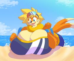 big_breasts blue_eyes breast_squish breasts buizel female headwear huge_breasts kenjute_(artist) nintendo ocean pokemon pokemon_(species) pokemon_dppt raven30_(editor) solo_female splash