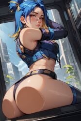 1girls ai_generated amber_eyes ass ass_focus bandaid blue_hair blush clothing female female_only light-skinned_female light_skin looking_at_viewer looking_back multicolored_hair neon_(valorant) riot_games sitting solo solo_female solo_focus valorant yellow_hair