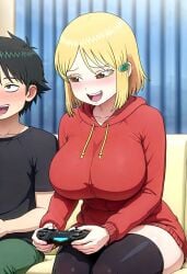 ai_generated big_ass big_breasts blonde_female blonde_hair blonde_hair blonde_hair_female couple gamer gamer_girl hidaka_koharu high_score_girl huge_ass huge_breasts thick_thighs thighs