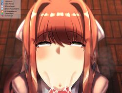 :>= ahe_gao brown_hair cum cum_in_mouth doki_doki_literature_club green_eyes monika_(doki_doki_literature_club) oral oral_sex tomodachi_(tomofanart) vacuum_blowjob vacuum_fellatio vacuum_suck