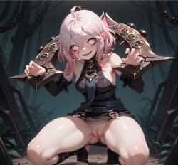 ai ai_generated briar_(league_of_legends) cute_face kneeling league_of_legends looking_at_viewer multicolored_hair pointy_ears pussy riot_games sharp_teeth solo solo_female thick_thighs visible_pussy waiting_for_sex