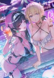 2girls ai_generated astra_yao big_breasts bikini black_hair blonde_hair bow breasts cup earrings evelyn_chevalier frilled_bikini frills front-tie_bikini_top front-tie_top hair_ornament holding holding_cup jewelry large_breasts long_hair looking_at_viewer mole multiple_girls navel open_mouth swimsuit tagme yuneillusts zenless_zone_zero