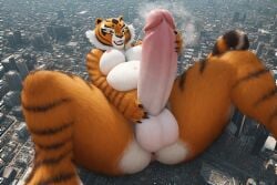 1futa 1girl 1girls city city_background female female_only furry futa_only futanari giantess intersex kung_fu_panda macro_female master_tigress masturbation sitting tigress tigress_(kung_fu_panda)