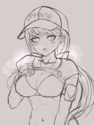 blush bra breasts hat long_hair monochrome shirt_lift sketch steam sweat the_hundred_line_-last_defense_academy- tsubasa_kawana