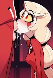 ai_generated blowjob blush charlie_morningstar_(hazbin_hotel) cum cum_drip cum_in_mouth deepthroat hazbin_hotel pansoorai uncensored