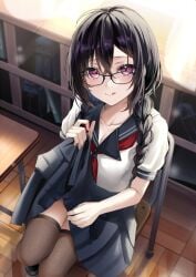 1girls :p :q black-framed_eyewear black_hair black_thighhighs blue_sailor_collar blue_skirt blush braid chair clothes_lift collarbone desk from_above glasses hair_between_eyes highres indoors lifting_own_clothes long_hair looking_at_viewer looking_up megane-chan_(yufou) neckerchief on_chair original pleated_skirt red_eyes red_neckerchief sailor_collar sailor_shirt school_chair school_desk school_uniform serafuku shirt short_sleeves sitting skirt skirt_lift solo thighhighs tongue tongue_out twin_braids white_shirt wooden_floor yufou