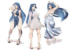 1girls alternate_costume artist_name aviara blue_hair bodysuit breasts city_of_secrets cleavage dress emma_(city_of_secrets) heels large_breasts long_hair long_skirt skirt white_background yellow_eyes