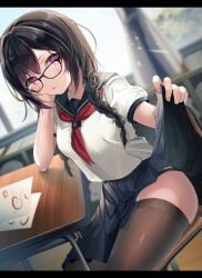 1girls backlighting black-framed_eyewear black_hair black_panties black_sailor_collar black_skirt black_thighhighs blurry blurry_background blush braid breasts chair cheek_rest classroom clothes_lift commentary_request day depth_of_field desk elbow_on_table elbow_rest feet_out_of_frame glasses gradient_hair hair_over_shoulder hand_on_own_cheek hand_on_own_face highres indoors letterboxed long_hair looking_at_viewer medium_breasts megane-chan_(yufou) multicolored_hair neckerchief on_chair original panties paper parted_lips pleated_skirt purple_hair red_neckerchief sailor_collar school_chair school_uniform serafuku shirt short_hair sitting skindentation skirt skirt_lift solo thighhighs twin_braids underwear white_shirt wooden_chair wooden_desk yufou
