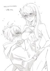 1boy 1girls blush breast_sucking clothed_male hand_on_breast hiruko_shizuhara large_breasts nipples sweat takumi_sumino the_hundred_line_-last_defense_academy-