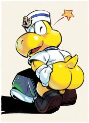 anthro ass balls clothing genitals gloves handwear hat headgear headwear hi_res koopa koopa_troopa male male_only mario_(series) mario_bros mario_kart_world mooning nintendo nondelismell one_eye_closed reptile sailor_uniform scalie shell solo turtle wink yellow_body