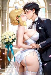ai_generated big_ass big_breasts blonde_female blonde_hair blonde_hair blonde_hair_female bride hidaka_koharu high_score_girl huge_ass huge_breasts kissing thick_thighs thighs wedding wedding_dress