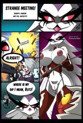 1boy 2girls absurd_res anthro big_breasts breasts cellphone comic crop_top dialogue electronics explosion female female/female furry goetia hair_over_one_eye hellhound helluva_boss hi_res imp kato777 long_hair loona_(helluva_boss) male male/female nipples owl owl_demon phone pringles_(helluva_boss) pussy sadomasochism shirt simple_background sinister_smile solo stella_(helluva_boss) whip wolf wolf_girl