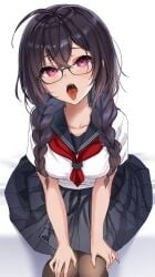 1girls absurdres ahoge black-framed_eyewear black_hair black_pantyhose black_sailor_collar black_skirt blush braid glasses hair_between_eyes highres long_hair looking_at_viewer megane-chan_(yufou) neckerchief open_mouth original pantyhose pink_eyes pleated_skirt red_neckerchief sailor_collar school_uniform serafuku skirt solo tongue tongue_out twin_braids white_background yufou