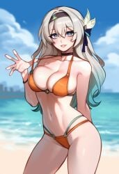 1girls ai_generated bikini female firefly_(honkai:_star_rail) honkai:_star_rail light-skinned_female light_skin on_beach perfect_body purple_eyes silver_hair solo_female white_hair