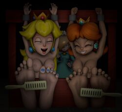3d 3d_(artwork) 3girls arms_up artist_request bangs bangs_over_one_eye barefoot binding blonde_hair breasts brush closed_eyes crown darkness dress earrings evil_grin feet female hair_ornament laughing lipstick mario_(series) nintendo nipples nude open_mouth orange_hair princess_daisy princess_peach princess_rosalina punishment rosalina sfm shackled_wrists shackles soles source_filmmaker stocks super_mario_bros. super_mario_galaxy tickle_fetish tickle_torture tickling tickling_feet toenail_polish toes wand