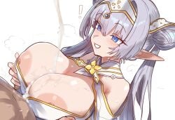 1boy absurdres blue_eyes breasts britomart_(fate) britomart_(second_ascension)_(fate) cum double_bun ebora ejaculation fate/grand_order fate_(series) female grey_hair grin hair_bun hairband highres huge_breasts large_areolae long_hair metal_hairband nipple_slip nipples non-web_source paizuri parted_lips pointy_ears smile straight twintails white_background