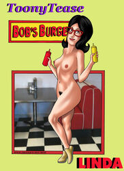 black_hair bob's_burgers brown_eyes erect_nipples female glasses ketchup linda_belcher mustard nail_polish pubic_hair shoes_only small_breasts solo thick_thighs toonytease