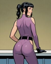ai_generated ass ass_focus hawkeye hawkeye_(series) kate_bishop looking_back looking_back_at_viewer marvel marvel_comics smiling smiling_at_viewer smiling_female superhero superheroine