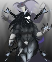 absurd_res anthro balls banewolf_(covenant) big_balls big_penis canid canine canis curvy_figure cybernetics cyborg genitals ghost glowing hi_res huge_balls machine mammal mane muscular nipples pecs penis spirit starry_patterns taken taketzu thick_thighs voluptuous weapon wolf