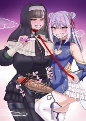 1boy 1boy1girl 1girls artist_request brown_hair collar dominant_femboy femboy femboydom huge_breasts huge_cock inuyama_tamaki leash leash_and_collar leash_pull maledom massive_penis noripro nun_outfit pregnancy_test pregnant pregnant_female trap tsukudani_norio_channel virtual_youtuber vtuber