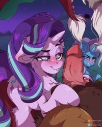 1girls 2girls angry animal_genitalia animal_penis annoyed blue_eyes blush discord_(mlp) dragon ears_down female female_on_top horny horny_female horse mett_04 mlp_g4 my_little_pony my_little_pony night pink_fur pleasure_face pony ponytail pov purple_hair starlight_glimmer starlight_glimmer_(mlp) trixie_(mlp) trixie_lulamoon