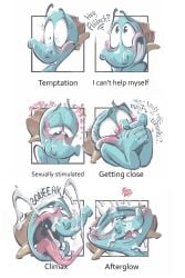 2:3 absurd_res afterglow anthro bite biting_lip blue_body bodily_fluids chart clenched_teeth covering covering_mouth covering_own_mouth covering_self cum cum_on_face cum_on_own_face cum_on_self cumshot dialogue dragon ejaculation english_text genital_fluids hi_res horn imminent_orgasm junebug_(strathven) looking_pleasured male mythological_creature mythological_scalie mythology offscreen_character orgasm orgasm_face scalie strathven teeth text toony