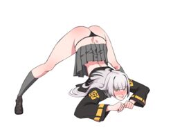 1girls ass ass_up bent_over eternal_return:_black_survival geabull_(artist) jack-o_pose jackochallenge long_hair looking_at_viewer meme skirt skirt_lift smile spread_legs thong top-down_bottom-up white_background white_hair