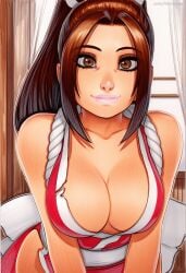 2025 ai_generated artist_name breasts brown_eyes brown_hair cleavage crazyfishbones fatal_fury female large_breasts long_hair shiranui_mai solo